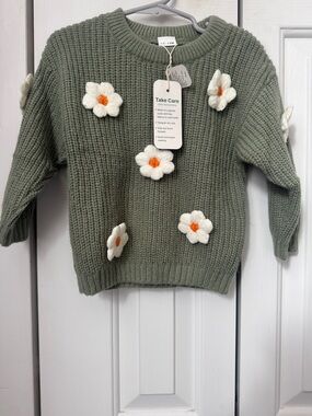 Olive Green Knit Sweater with White Daisy Appliqués